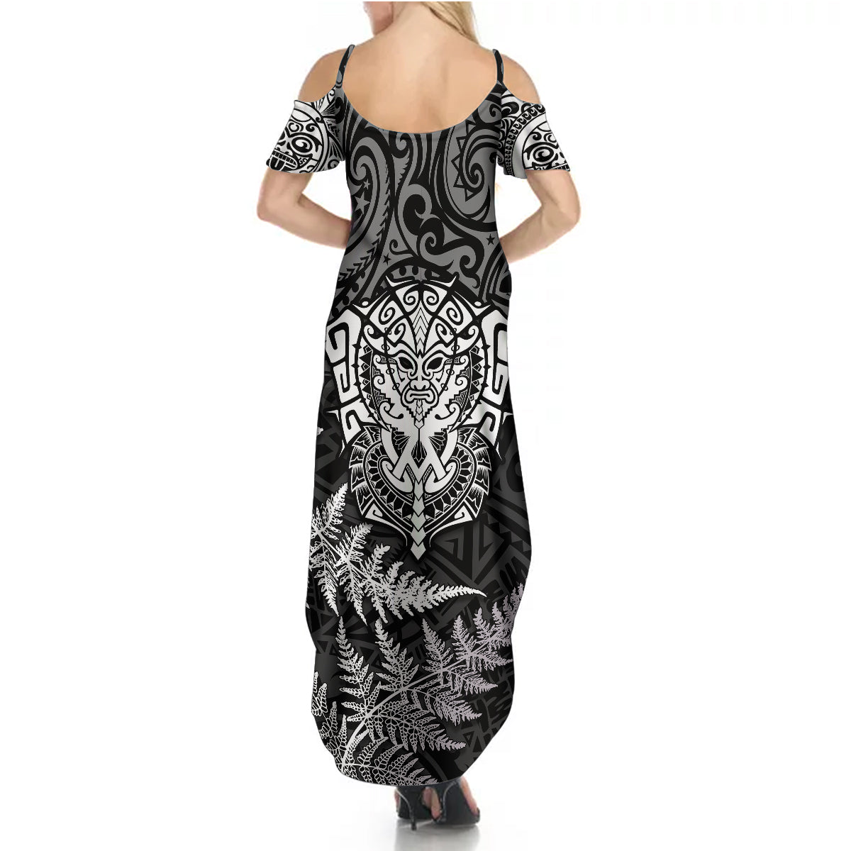 Personalised New Zealand Rugby Summer Maxi Dress Silver Fern All Black Mix Ta Moko White Style LT9 - Polynesian Pride