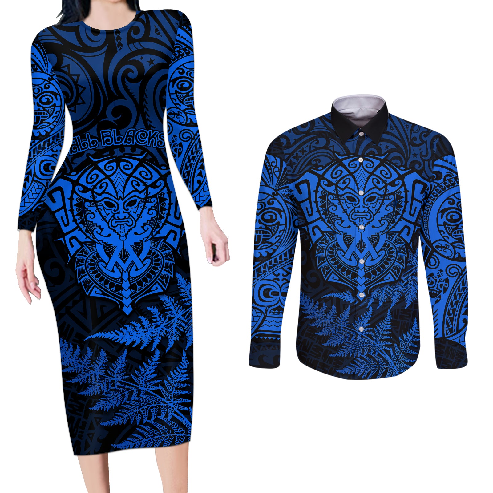 New Zealand Rugby Couples Matching Long Sleeve Bodycon Dress and Long Sleeve Button Shirts Silver Fern All Black Mix Ta Moko Blue Style LT9 Blue - Polynesian Pride