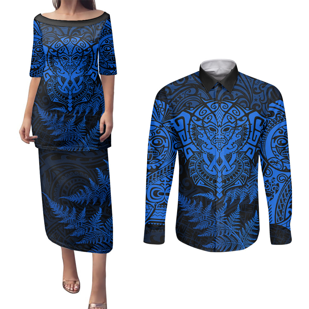 New Zealand Rugby Couples Matching Puletasi Dress and Long Sleeve Button Shirts Silver Fern All Black Mix Ta Moko Blue Style LT9 Blue - Polynesian Pride