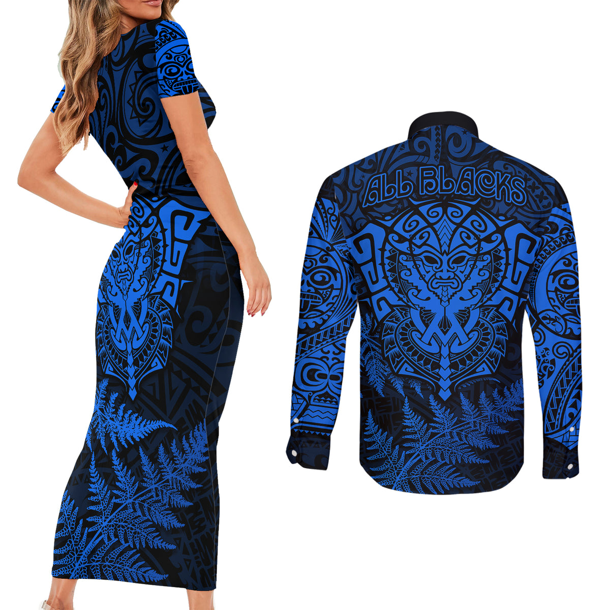 New Zealand Rugby Couples Matching Short Sleeve Bodycon Dress and Long Sleeve Button Shirts Silver Fern All Black Mix Ta Moko Blue Style LT9 - Polynesian Pride