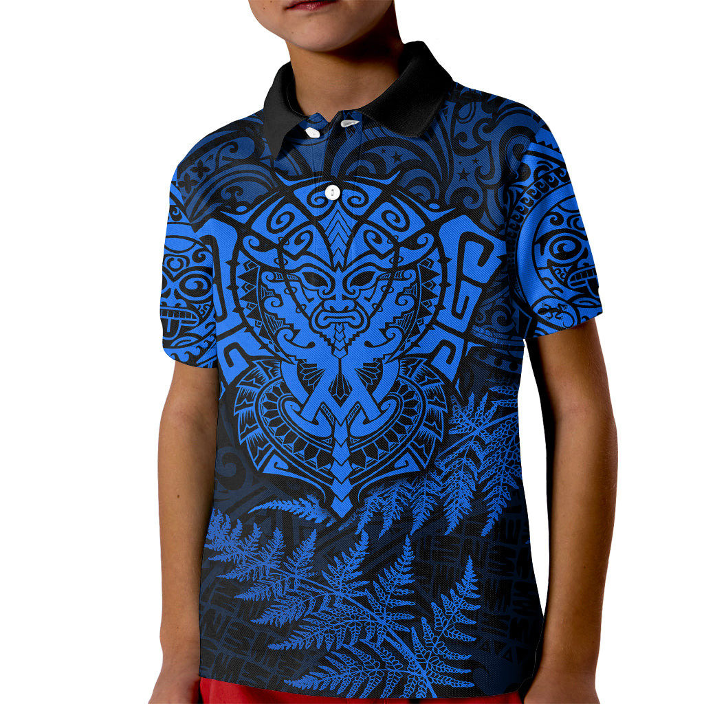 New Zealand Rugby Kid Polo Shirt Silver Fern All Black Mix Ta Moko Blue Style LT9 Kid Blue - Polynesian Pride