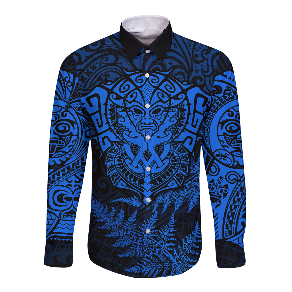 New Zealand Rugby Long Sleeve Button Shirt Silver Fern All Black Mix Ta Moko Blue Style LT9 Unisex Blue - Polynesian Pride