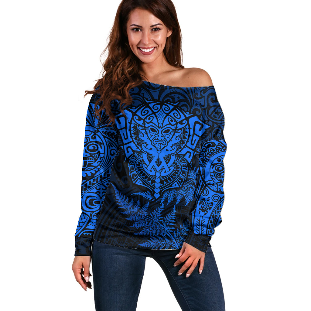 New Zealand Rugby Off Shoulder Sweater Silver Fern All Black Mix Ta Moko Blue Style LT9 Women Blue - Polynesian Pride