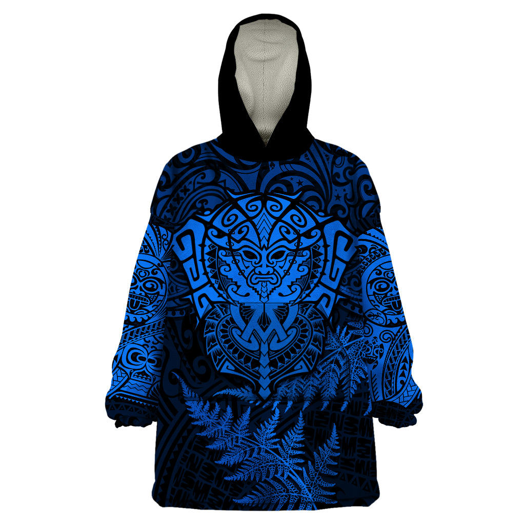 New Zealand Rugby Wearable Blanket Hoodie Silver Fern All Black Mix Ta Moko Blue Style LT9 One Size Blue - Polynesian Pride