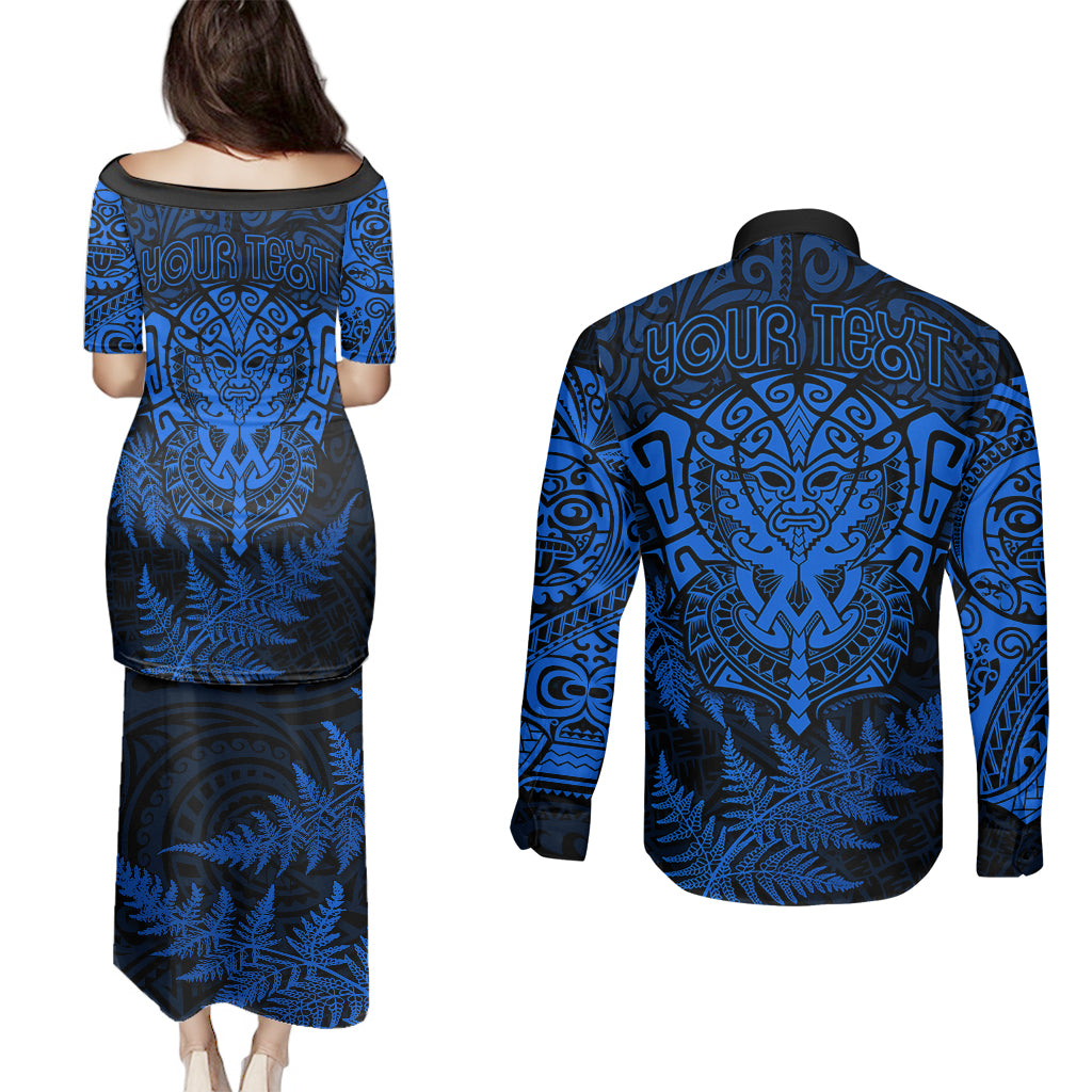 Personalised New Zealand Rugby Couples Matching Puletasi Dress and Long Sleeve Button Shirts Silver Fern All Black Mix Ta Moko Blue Style LT9 - Polynesian Pride