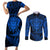 Personalised New Zealand Rugby Couples Matching Short Sleeve Bodycon Dress and Long Sleeve Button Shirts Silver Fern All Black Mix Ta Moko Blue Style LT9 Blue - Polynesian Pride