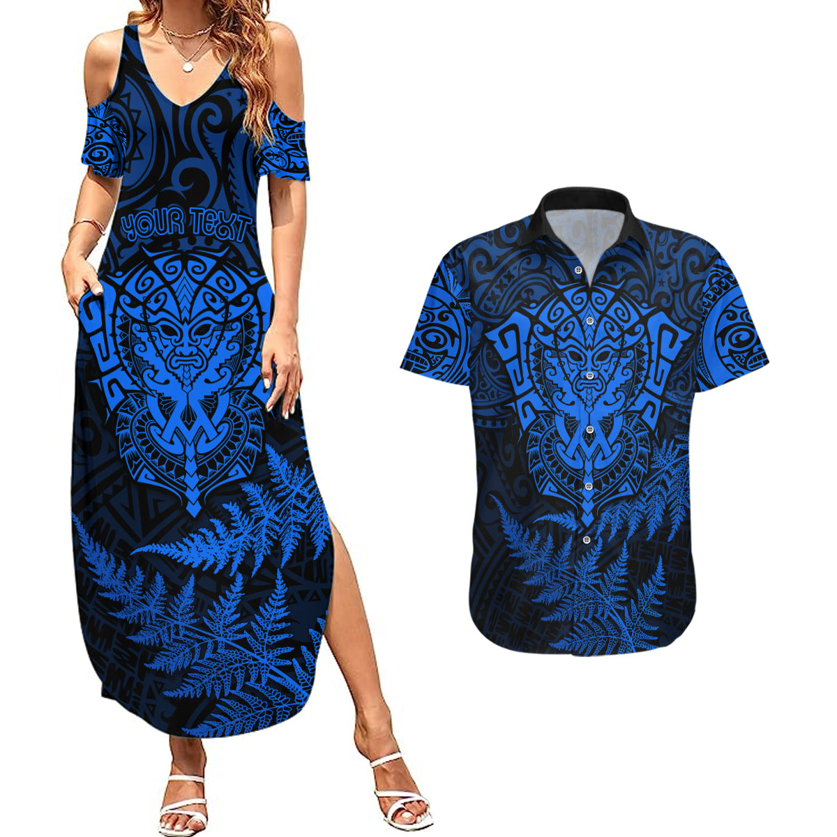 Personalised New Zealand Rugby Couples Matching Summer Maxi Dress and Hawaiian Shirt Silver Fern All Black Mix Ta Moko Blue Style LT9 Blue - Polynesian Pride