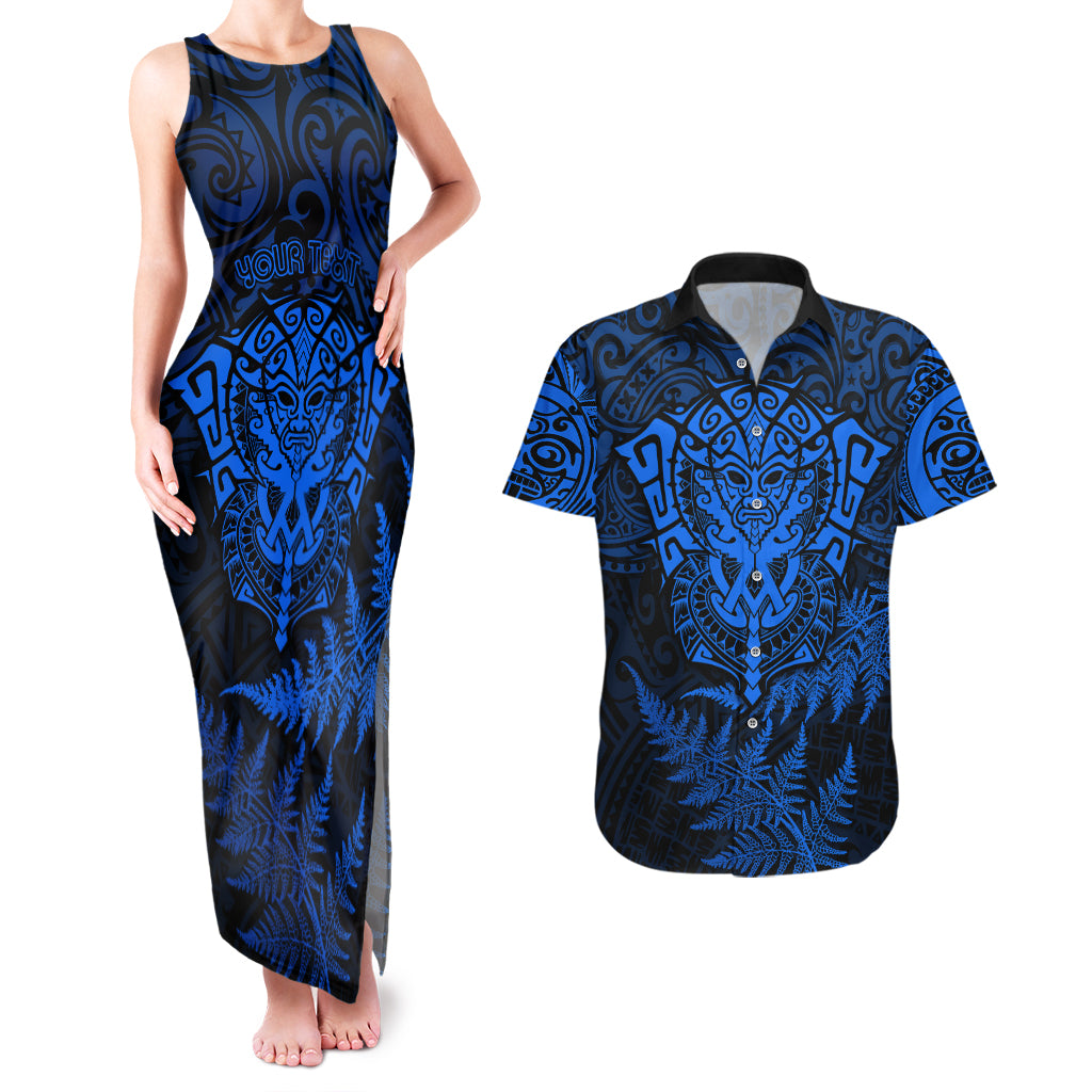 Personalised New Zealand Rugby Couples Matching Tank Maxi Dress and Hawaiian Shirt Silver Fern All Black Mix Ta Moko Blue Style LT9 Blue - Polynesian Pride