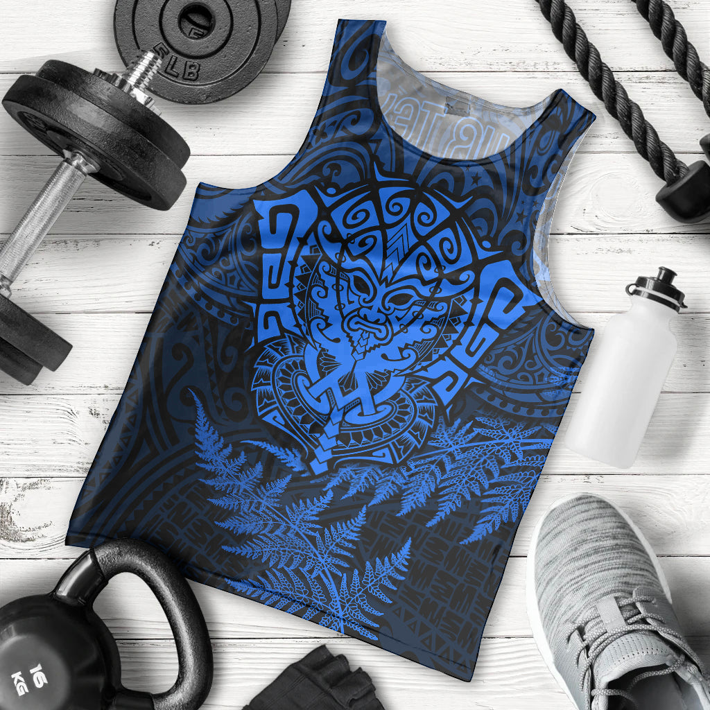 Personalised New Zealand Rugby Men Tank Top Silver Fern All Black Mix Ta Moko Blue Style LT9 Blue - Polynesian Pride