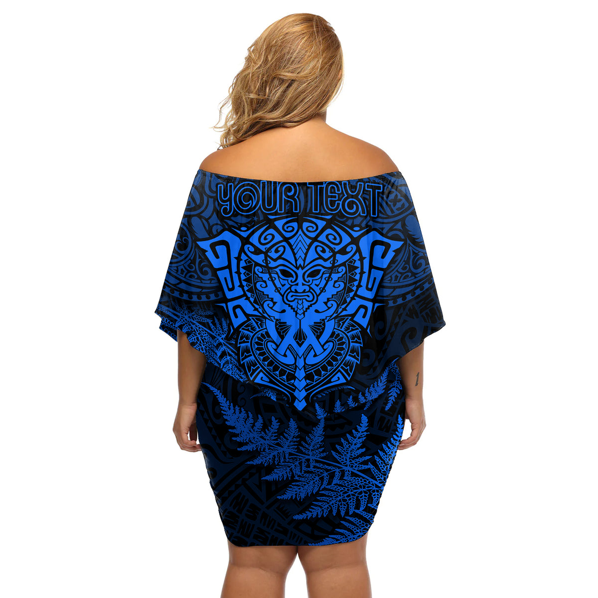Personalised New Zealand Rugby Off Shoulder Short Dress Silver Fern All Black Mix Ta Moko Blue Style LT9 - Polynesian Pride