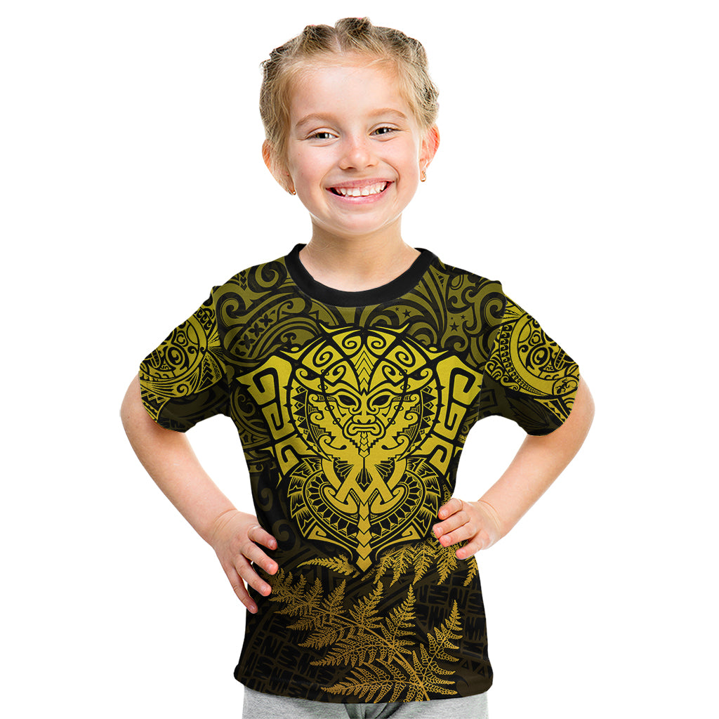 New Zealand Rugby Kid T Shirt Silver Fern All Black Mix Ta Moko Gold Style LT9 Gold - Polynesian Pride