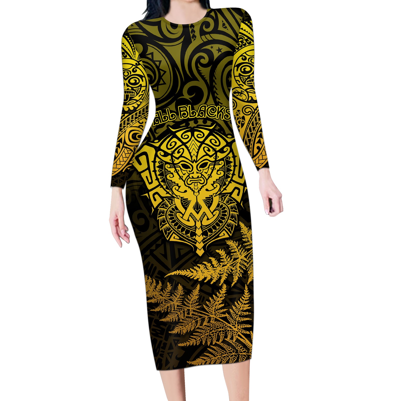 New Zealand Rugby Long Sleeve Bodycon Dress Silver Fern All Black Mix Ta Moko Gold Style LT9 Long Dress Gold - Polynesian Pride