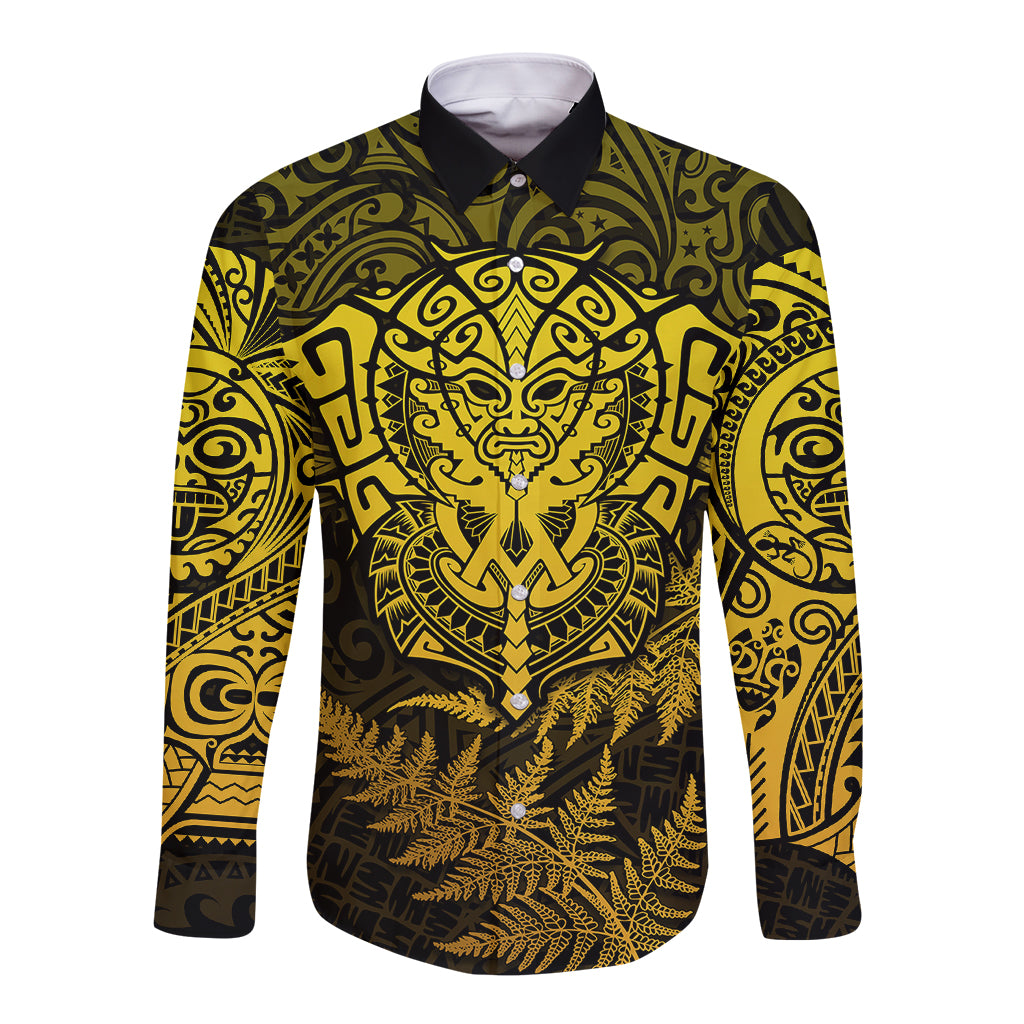 New Zealand Rugby Long Sleeve Button Shirt Silver Fern All Black Mix Ta Moko Gold Style LT9 Unisex Gold - Polynesian Pride