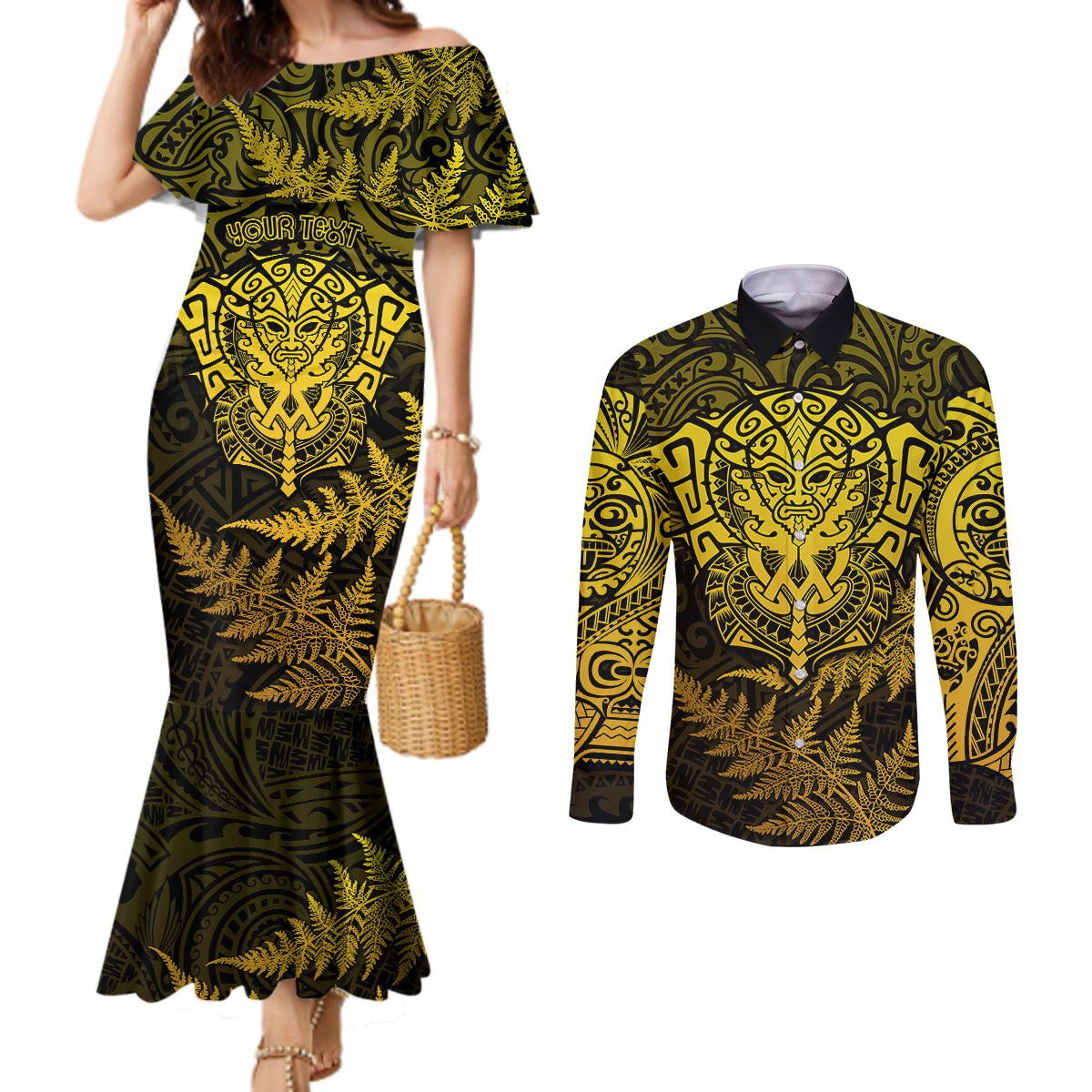 New Zealand Rugby Couples Matching Mermaid Dress and Long Sleeve Button Shirts Silver Fern All Black Mix Ta Moko Gold Style LT9 Gold - Polynesian Pride