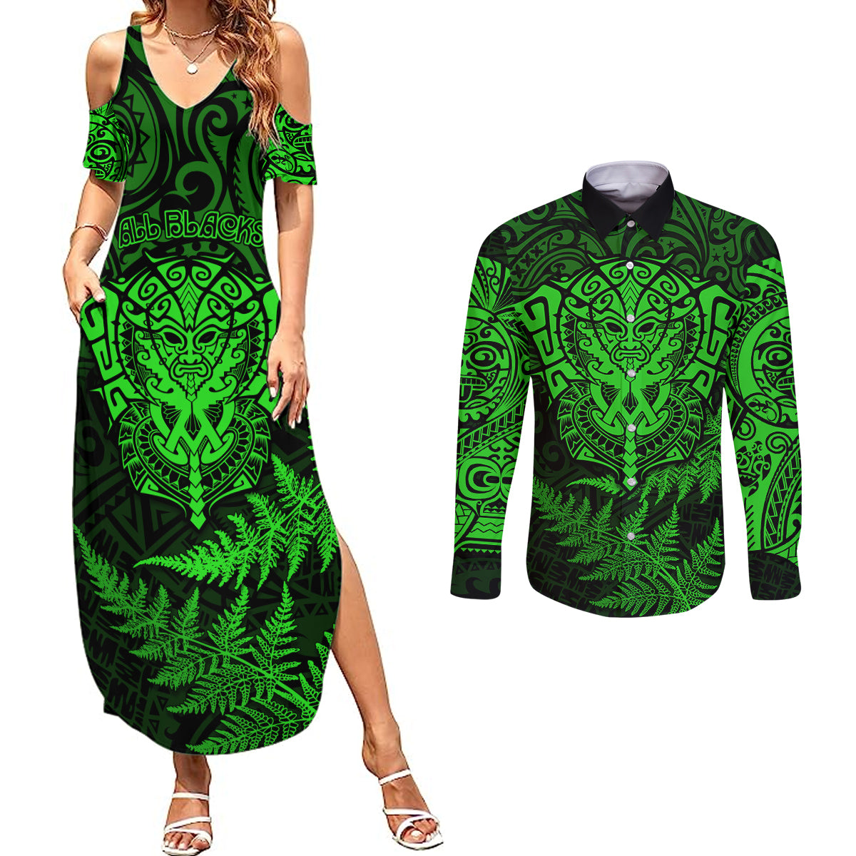 New Zealand Rugby Couples Matching Summer Maxi Dress and Long Sleeve Button Shirts Silver Fern All Black Mix Ta Moko Green Style LT9 Green - Polynesian Pride