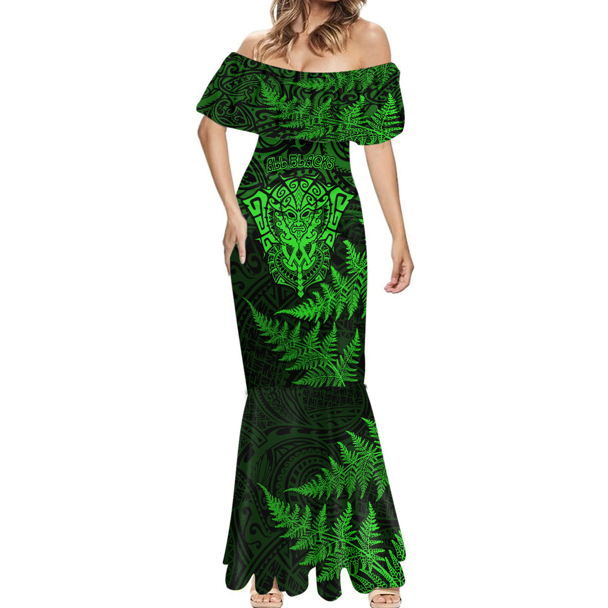 New Zealand Rugby Mermaid Dress Silver Fern All Black Mix Ta Moko Green Style LT9 - Polynesian Pride