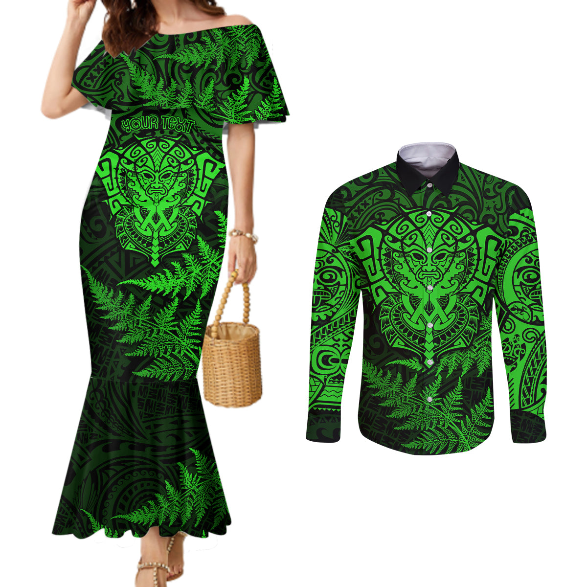 New Zealand Rugby Couples Matching Mermaid Dress and Long Sleeve Button Shirts Silver Fern All Black Mix Ta Moko Green Style LT9 Green - Polynesian Pride