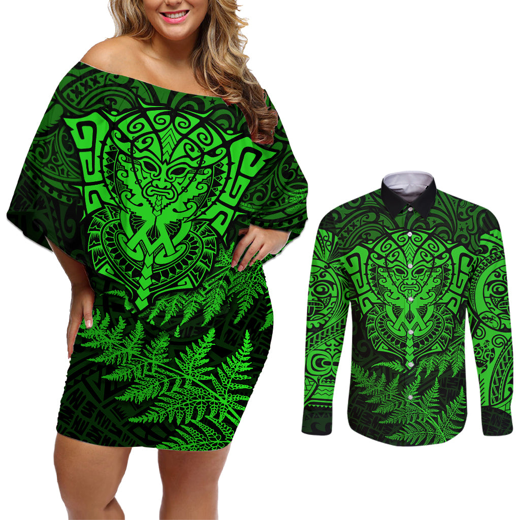 New Zealand Rugby Couples Matching Off Shoulder Short Dress and Long Sleeve Button Shirts Silver Fern All Black Mix Ta Moko Green Style LT9 Green - Polynesian Pride