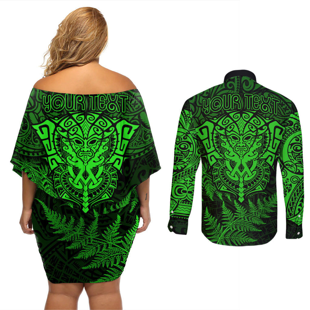 New Zealand Rugby Couples Matching Off Shoulder Short Dress and Long Sleeve Button Shirts Silver Fern All Black Mix Ta Moko Green Style LT9 - Polynesian Pride