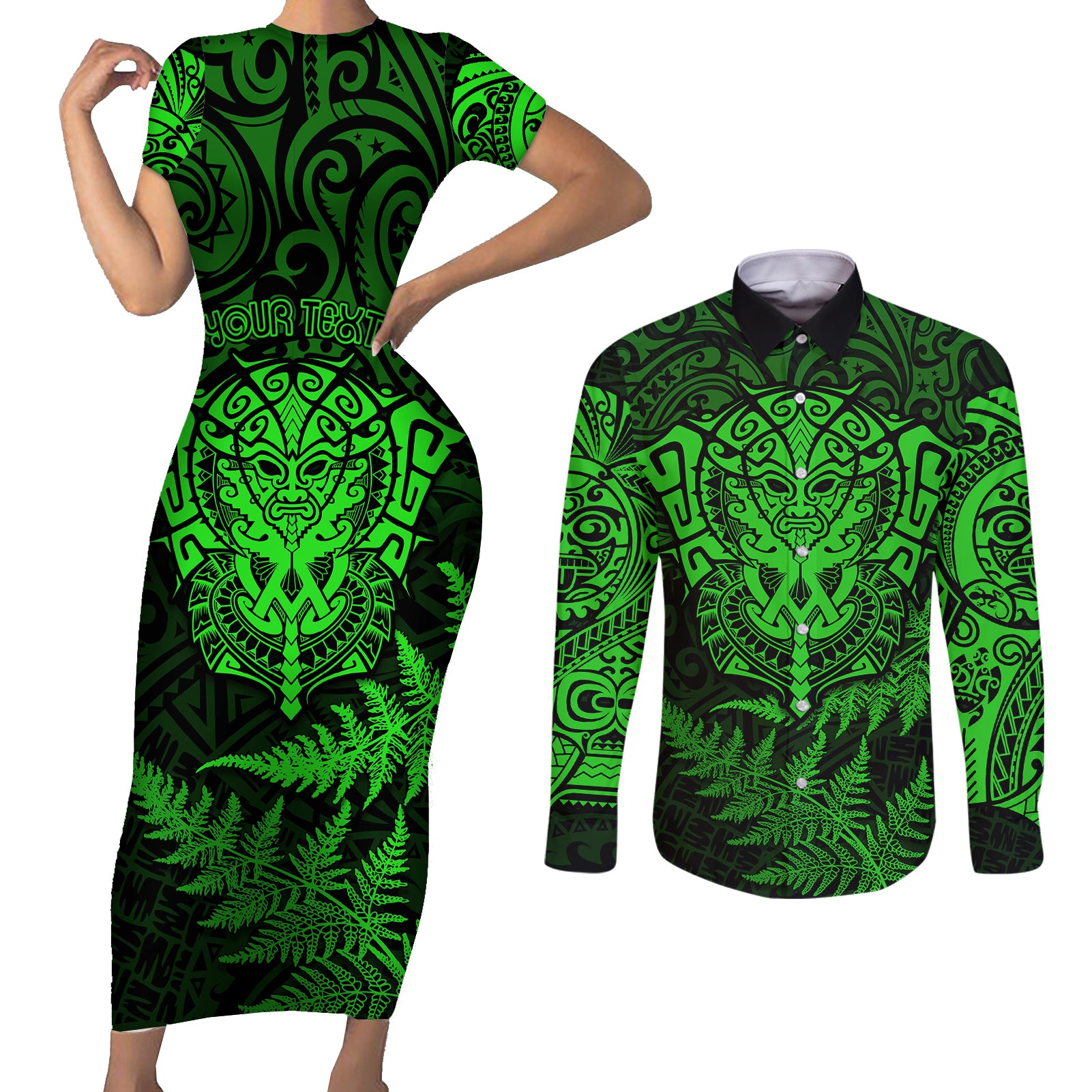 New Zealand Rugby Couples Matching Short Sleeve Bodycon Dress and Long Sleeve Button Shirts Silver Fern All Black Mix Ta Moko Green Style LT9 Green - Polynesian Pride