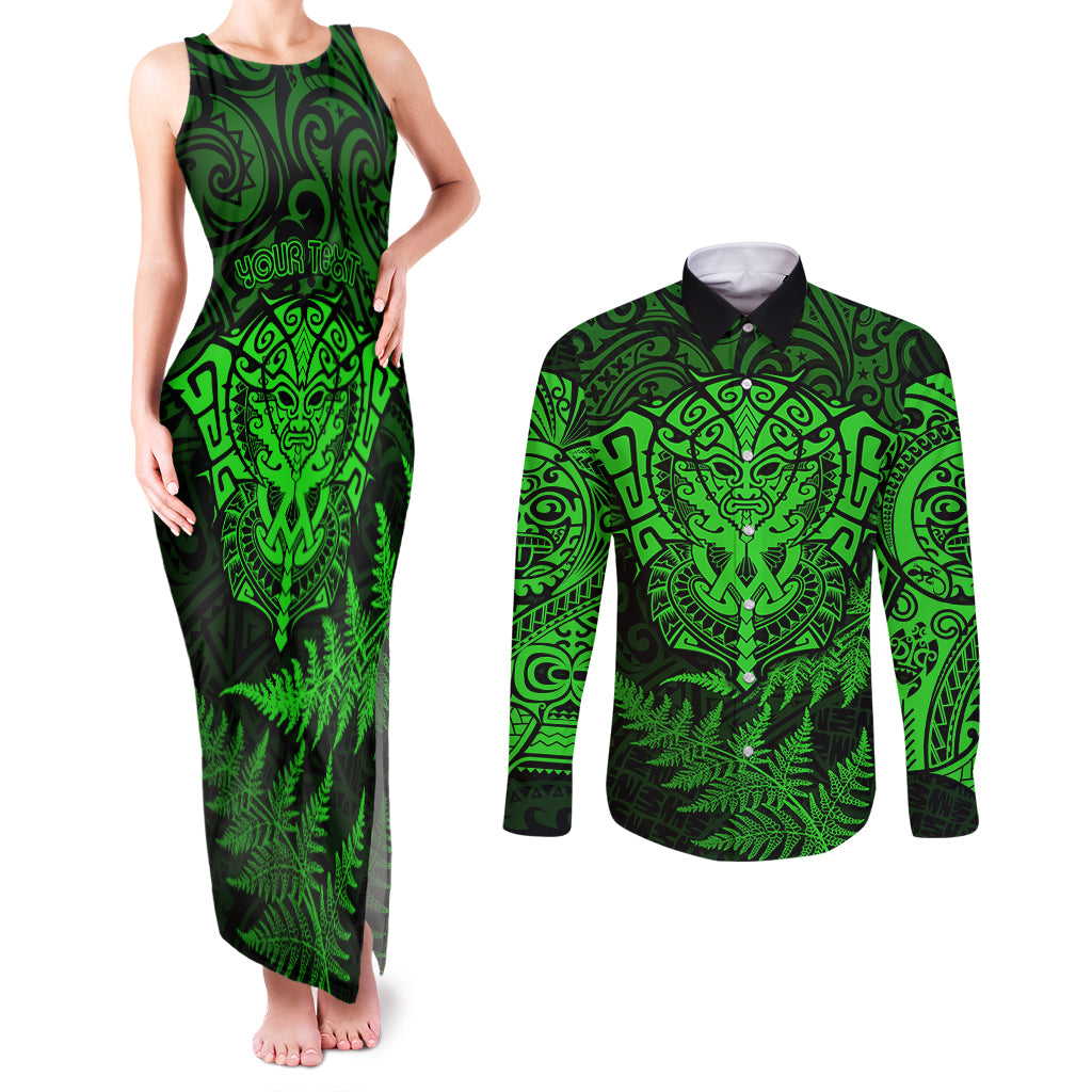 New Zealand Rugby Couples Matching Tank Maxi Dress and Long Sleeve Button Shirts Silver Fern All Black Mix Ta Moko Green Style LT9 Green - Polynesian Pride