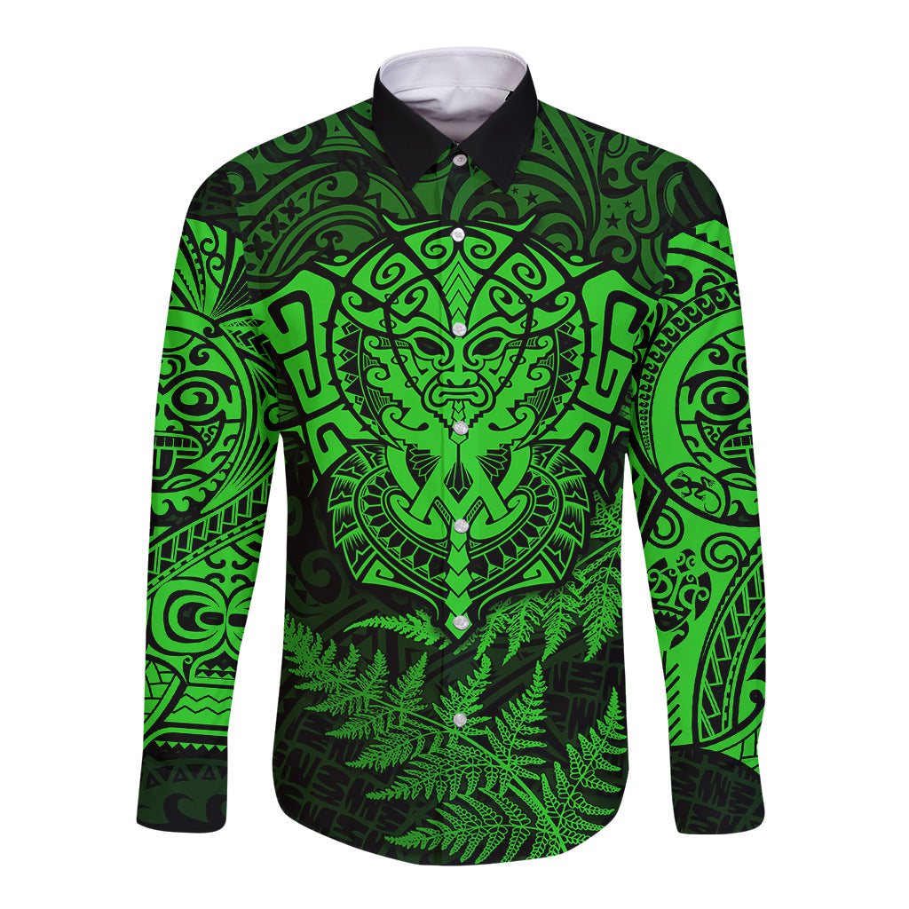 New Zealand Rugby Long Sleeve Button Shirt Silver Fern All Black Mix Ta Moko Green Style LT9 Unisex Green - Polynesian Pride