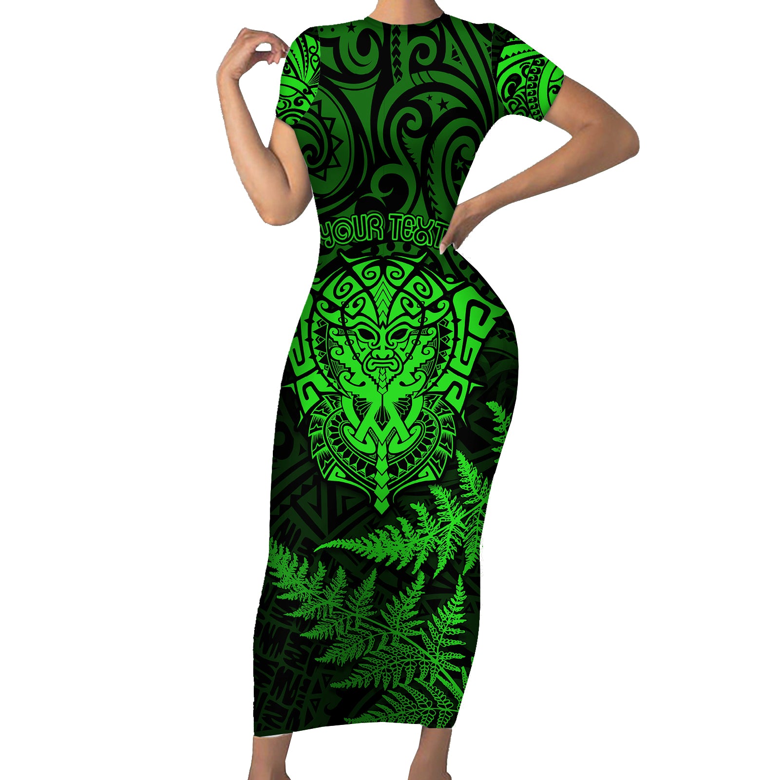 New Zealand Rugby Short Sleeve Bodycon Dress Silver Fern All Black Mix Ta Moko Green Style LT9 Long Dress Green - Polynesian Pride