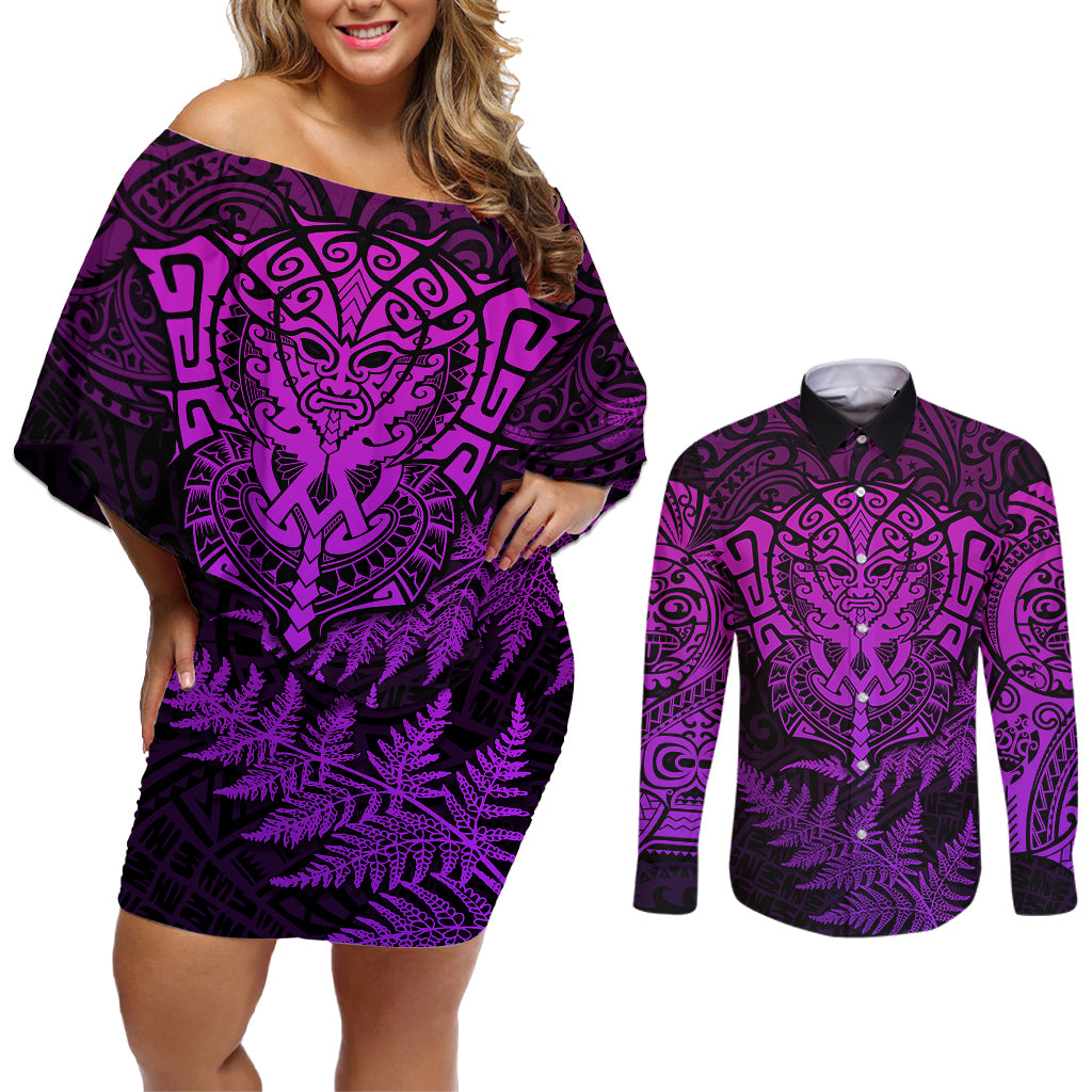 New Zealand Rugby Couples Matching Off Shoulder Short Dress and Long Sleeve Button Shirts Silver Fern All Black Mix Ta Moko Purple Style LT9 Purple - Polynesian Pride