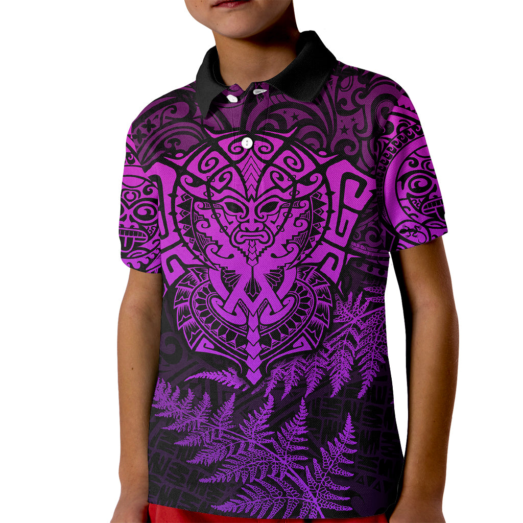 New Zealand Rugby Kid Polo Shirt Silver Fern All Black Mix Ta Moko Purple Style LT9 Kid Purple - Polynesian Pride