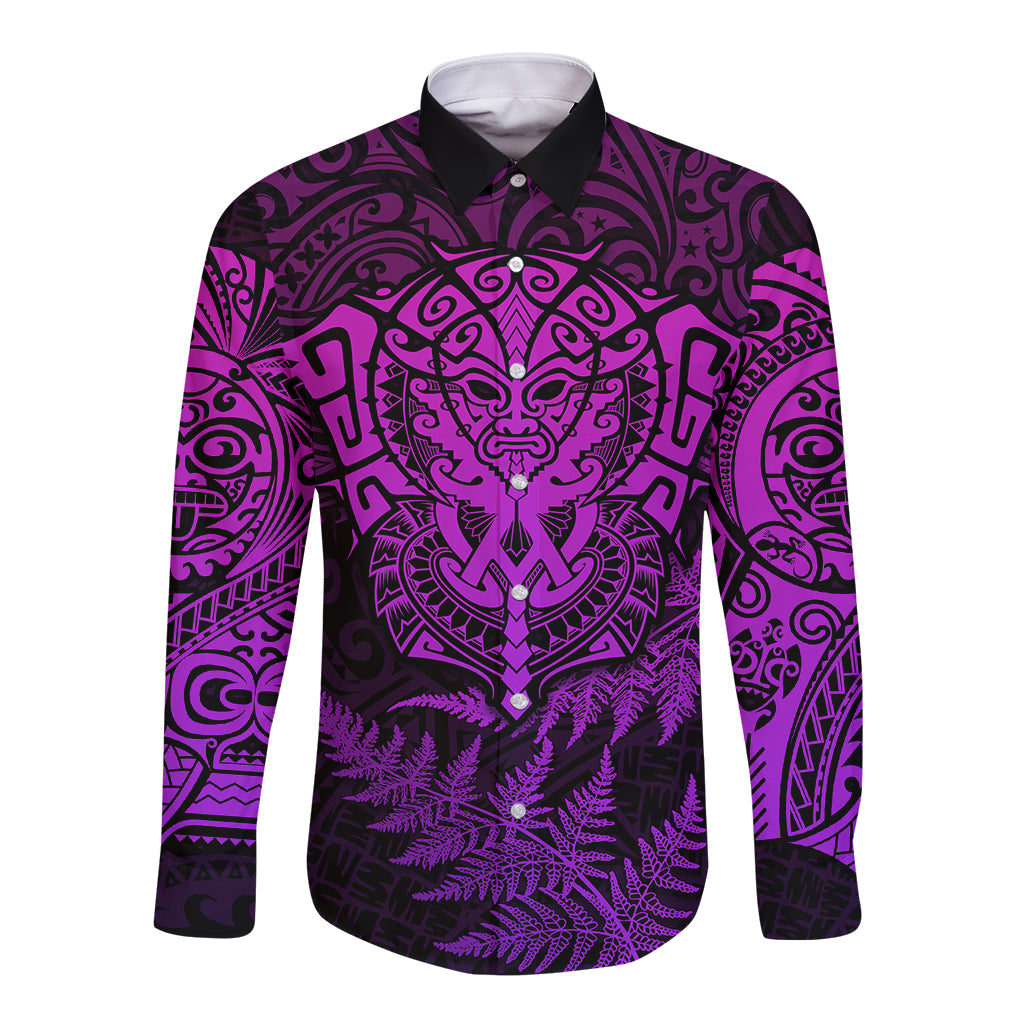 New Zealand Rugby Long Sleeve Button Shirt Silver Fern All Black Mix Ta Moko Purple Style LT9 Unisex Purple - Polynesian Pride