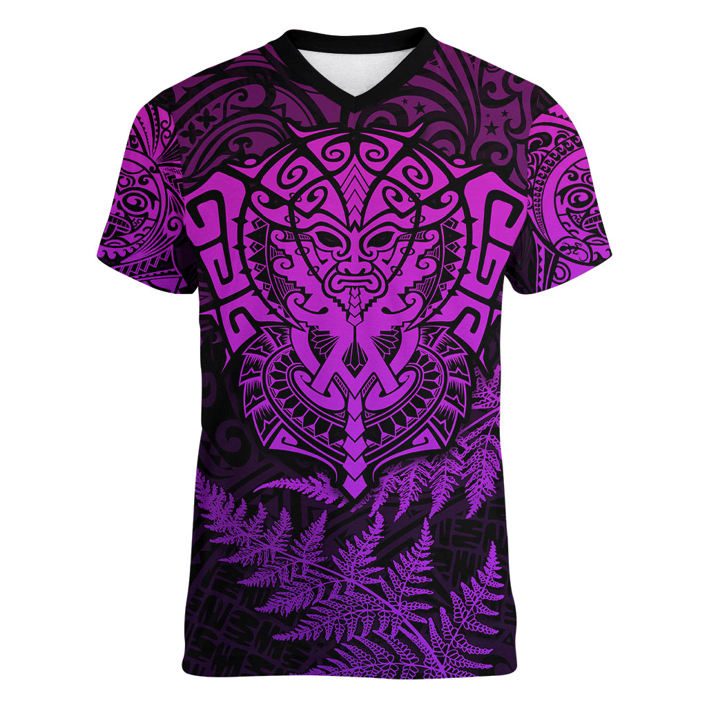 New Zealand Rugby Women V Neck T Shirt Silver Fern All Black Mix Ta Moko Purple Style LT9 Female Purple - Polynesian Pride