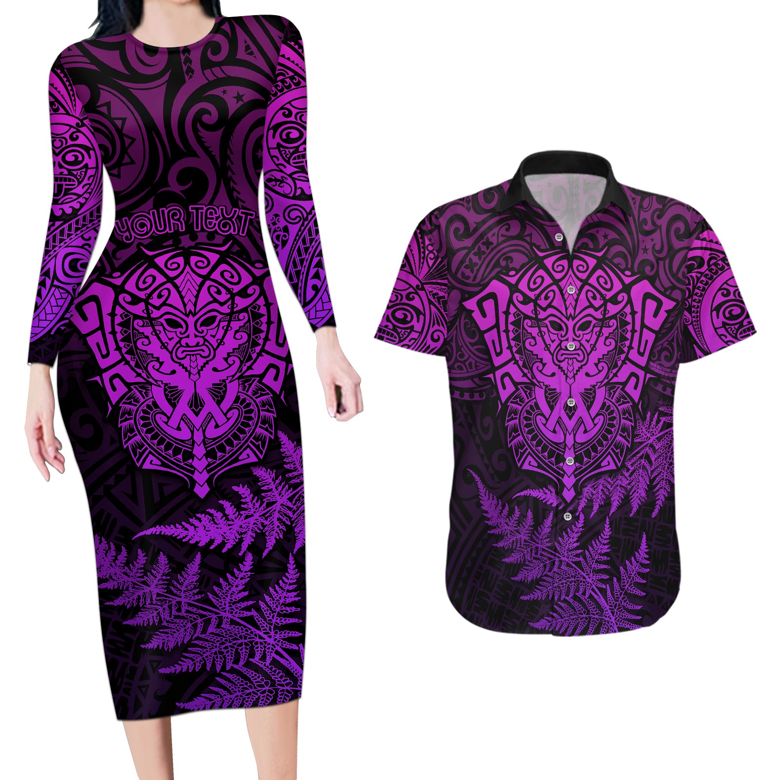 Personalised New Zealand Rugby Couples Matching Long Sleeve Bodycon Dress and Hawaiian Shirt Silver Fern All Black Mix Ta Moko Purple Style LT9 Purple - Polynesian Pride