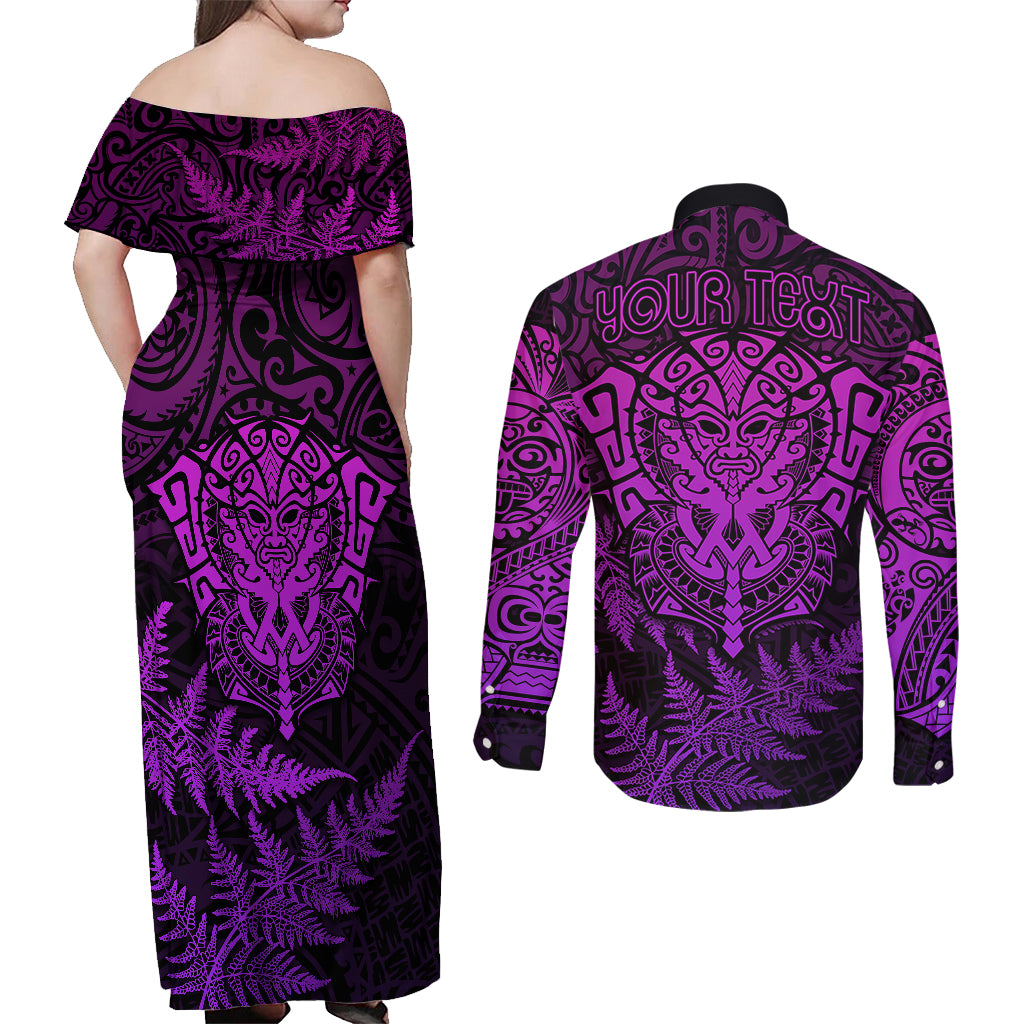 Personalised New Zealand Rugby Couples Matching Off Shoulder Maxi Dress and Long Sleeve Button Shirts Silver Fern All Black Mix Ta Moko Purple Style LT9 - Polynesian Pride