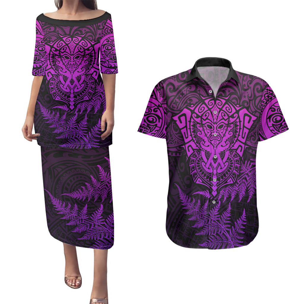 Personalised New Zealand Rugby Couples Matching Puletasi Dress and Hawaiian Shirt Silver Fern All Black Mix Ta Moko Purple Style LT9 Purple - Polynesian Pride