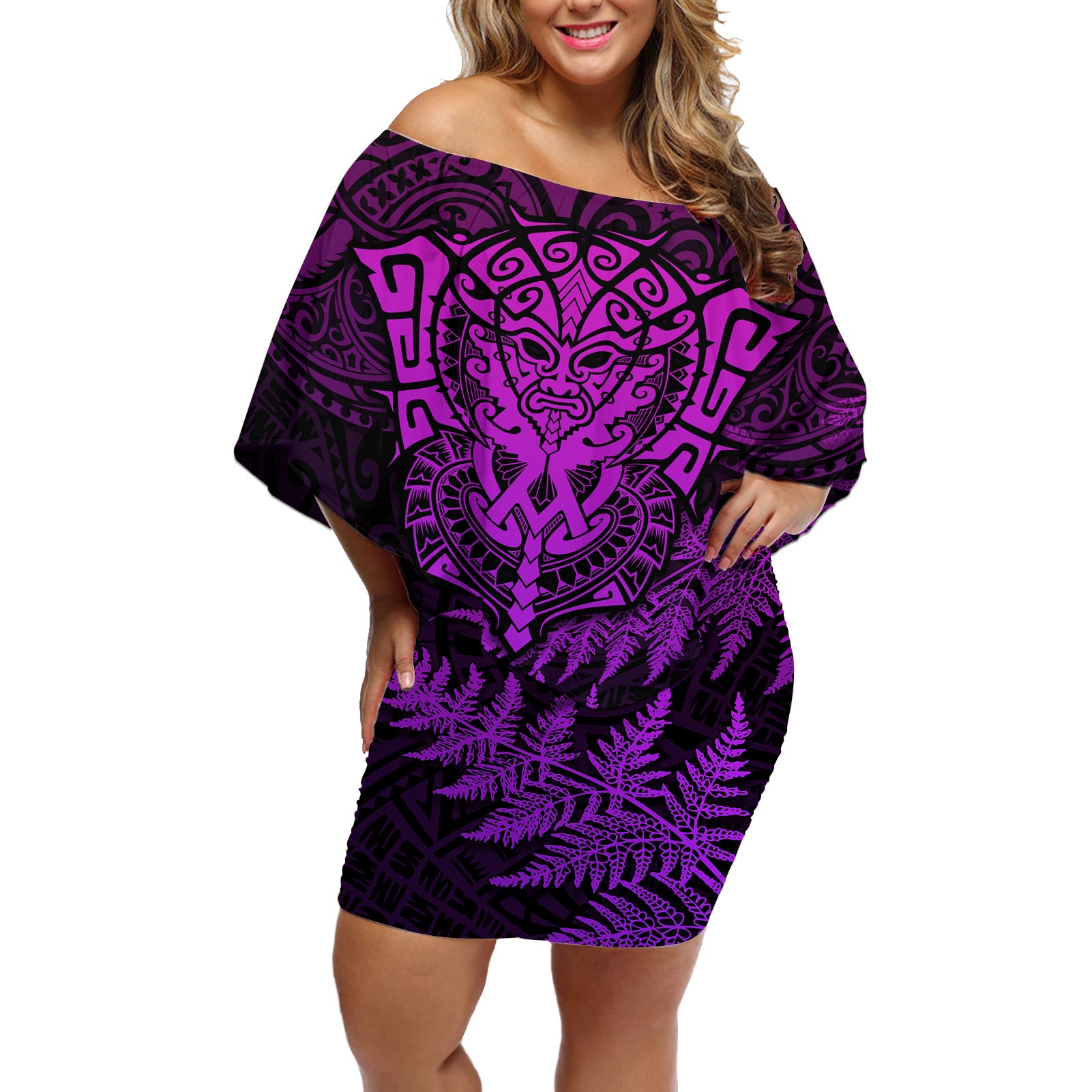 Personalised New Zealand Rugby Off Shoulder Short Dress Silver Fern All Black Mix Ta Moko Purple Style LT9 Women Purple - Polynesian Pride