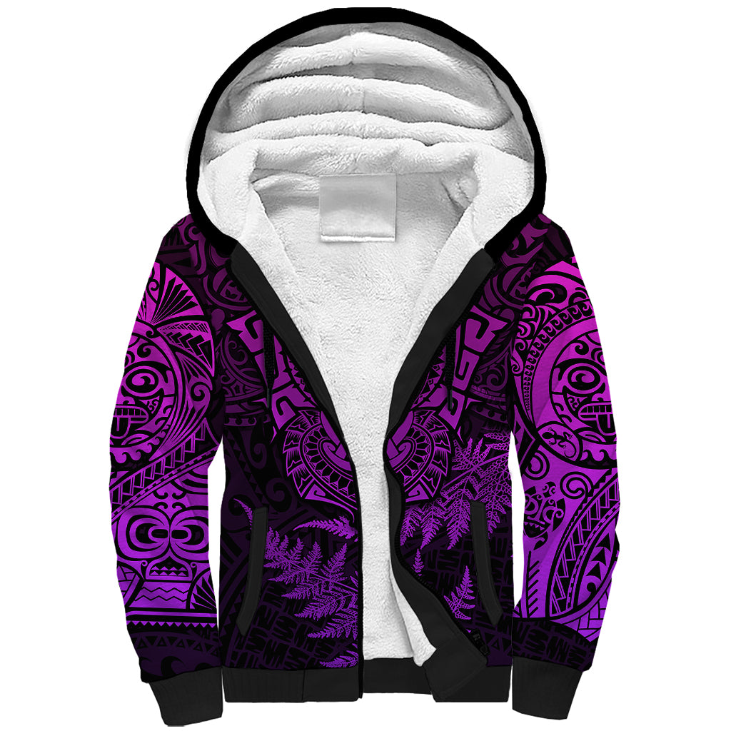 Personalised New Zealand Rugby Sherpa Hoodie Silver Fern All Black Mix Ta Moko Purple Style LT9 Unisex Purple - Polynesian Pride