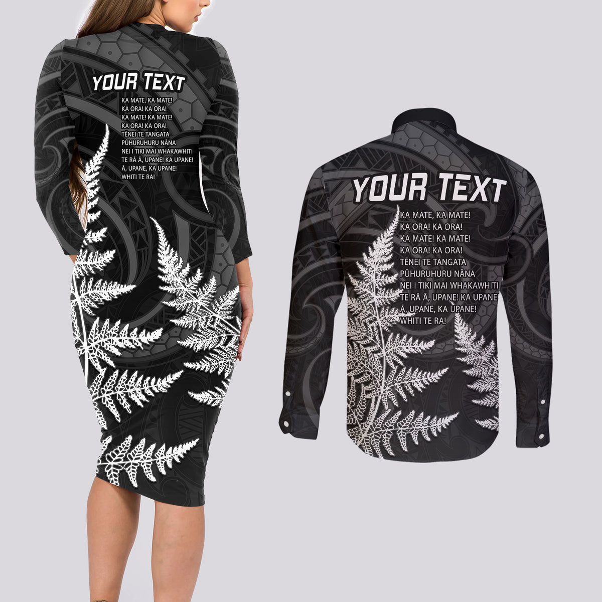 Personalised New Zealand Rugby Couples Matching Long Sleeve Bodycon Dress and Long Sleeve Button Shirts Aotearoa Ka Mate Haka All Black Mix Ta Moko White Style LT9 - Polynesian Pride