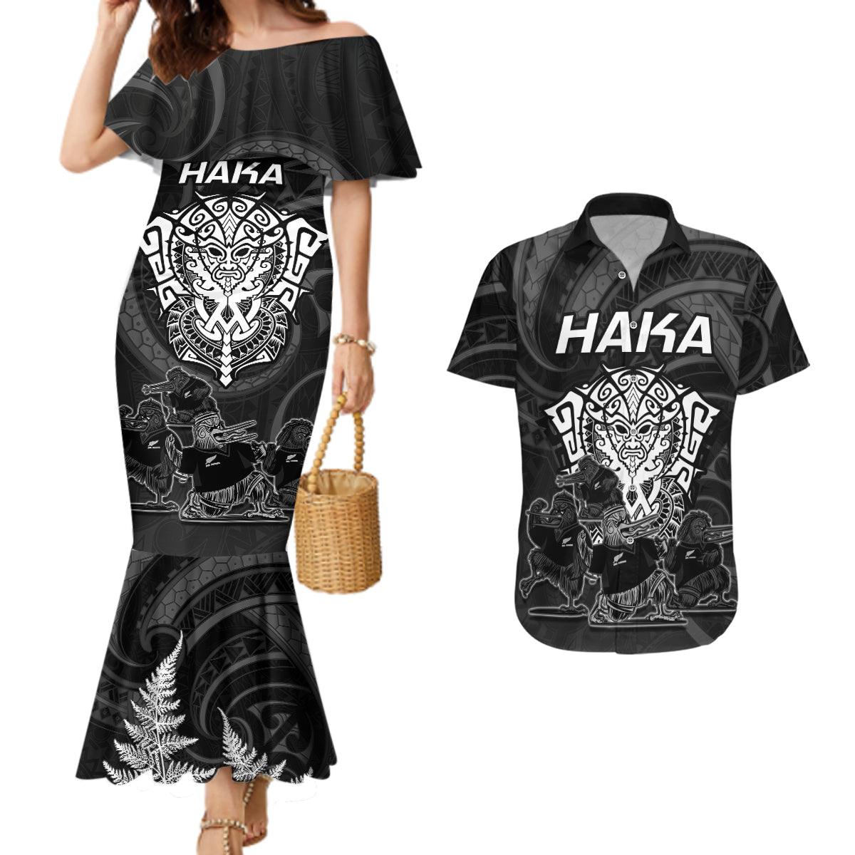 Personalised New Zealand Rugby Couples Matching Mermaid Dress and Hawaiian Shirt Aotearoa Ka Mate Haka All Black Mix Ta Moko White Style LT9 White - Polynesian Pride