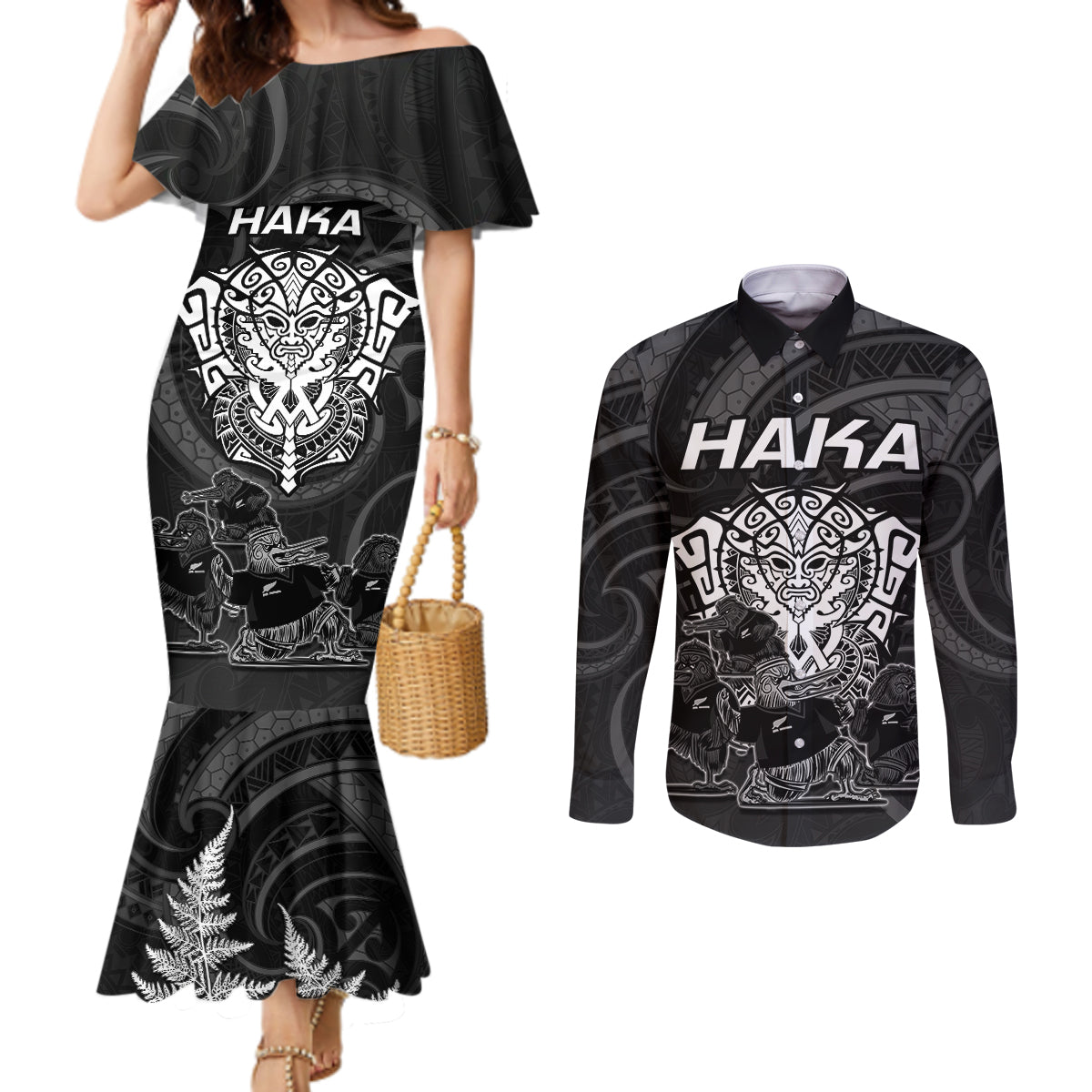 Personalised New Zealand Rugby Couples Matching Mermaid Dress and Long Sleeve Button Shirts Aotearoa Ka Mate Haka All Black Mix Ta Moko White Style LT9 White - Polynesian Pride