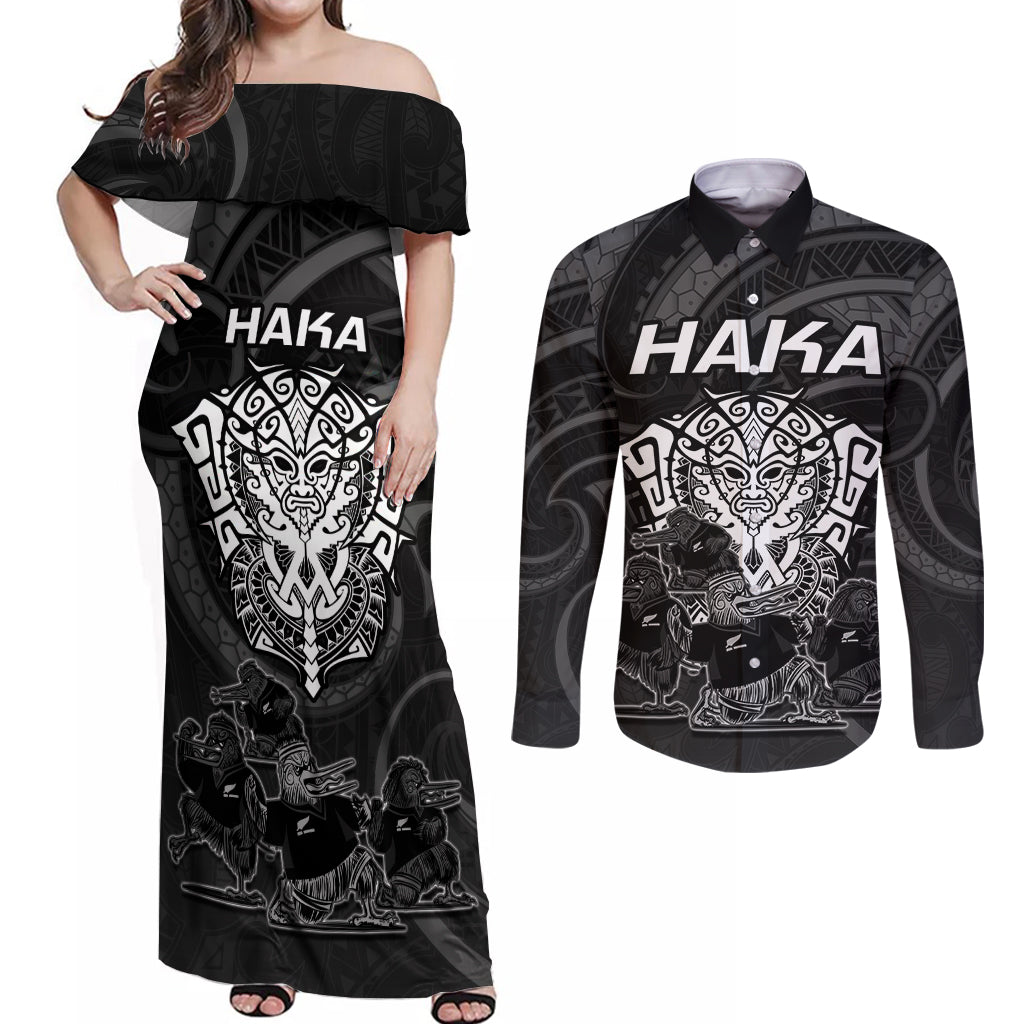 Personalised New Zealand Rugby Couples Matching Off Shoulder Maxi Dress and Long Sleeve Button Shirts Aotearoa Ka Mate Haka All Black Mix Ta Moko White Style LT9 White - Polynesian Pride