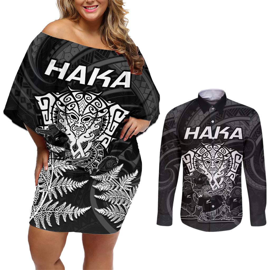 Personalised New Zealand Rugby Couples Matching Off Shoulder Short Dress and Long Sleeve Button Shirts Aotearoa Ka Mate Haka All Black Mix Ta Moko White Style LT9 White - Polynesian Pride