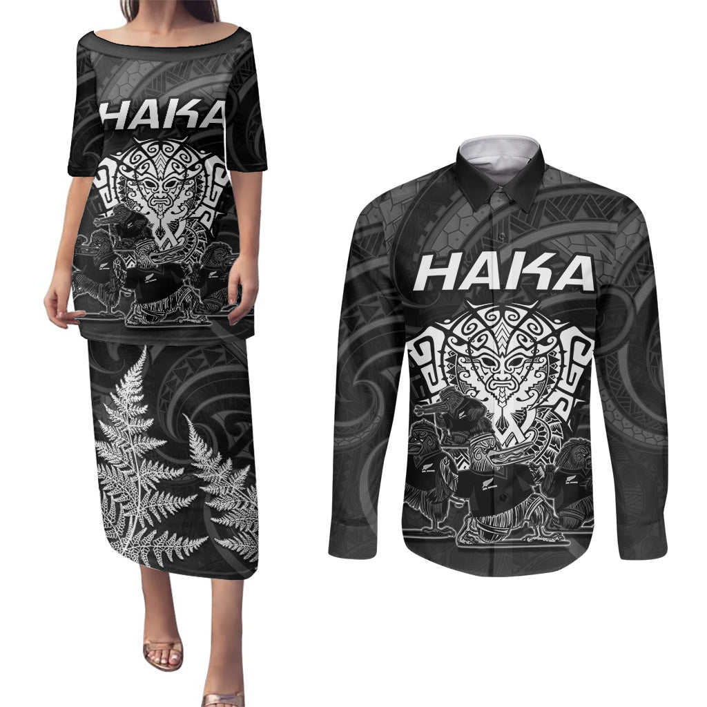 Personalised New Zealand Rugby Couples Matching Puletasi Dress and Long Sleeve Button Shirts Aotearoa Ka Mate Haka All Black Mix Ta Moko White Style LT9 White - Polynesian Pride