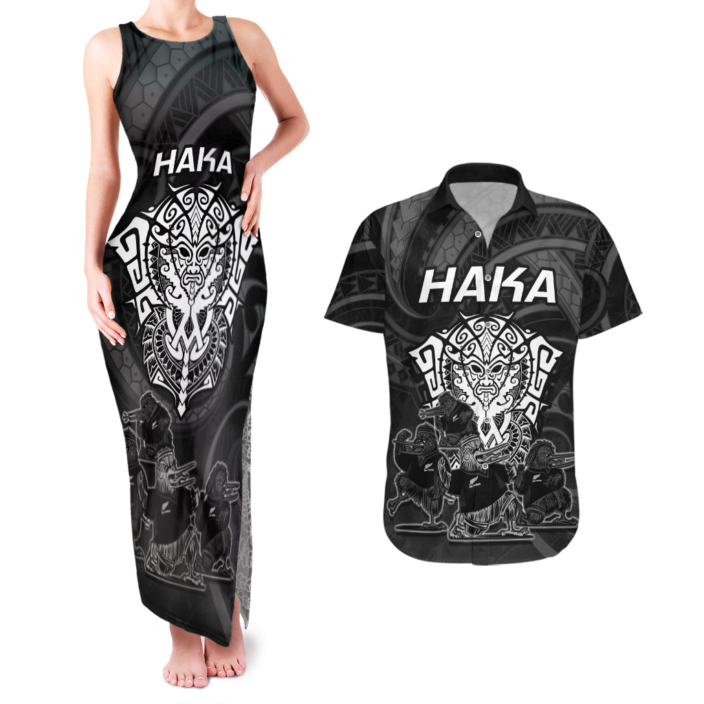 Personalised New Zealand Rugby Couples Matching Tank Maxi Dress and Hawaiian Shirt Aotearoa Ka Mate Haka All Black Mix Ta Moko White Style LT9 White - Polynesian Pride