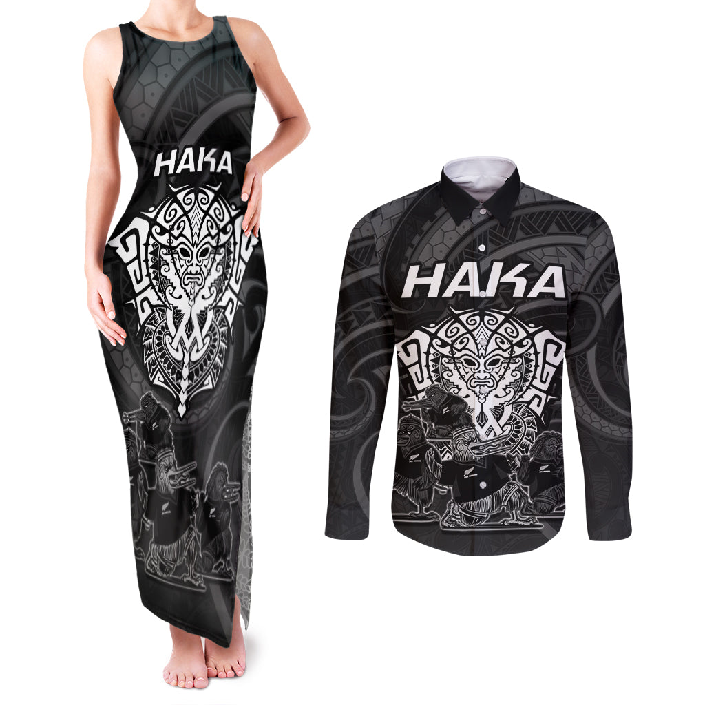 Personalised New Zealand Rugby Couples Matching Tank Maxi Dress and Long Sleeve Button Shirts Aotearoa Ka Mate Haka All Black Mix Ta Moko White Style LT9 White - Polynesian Pride