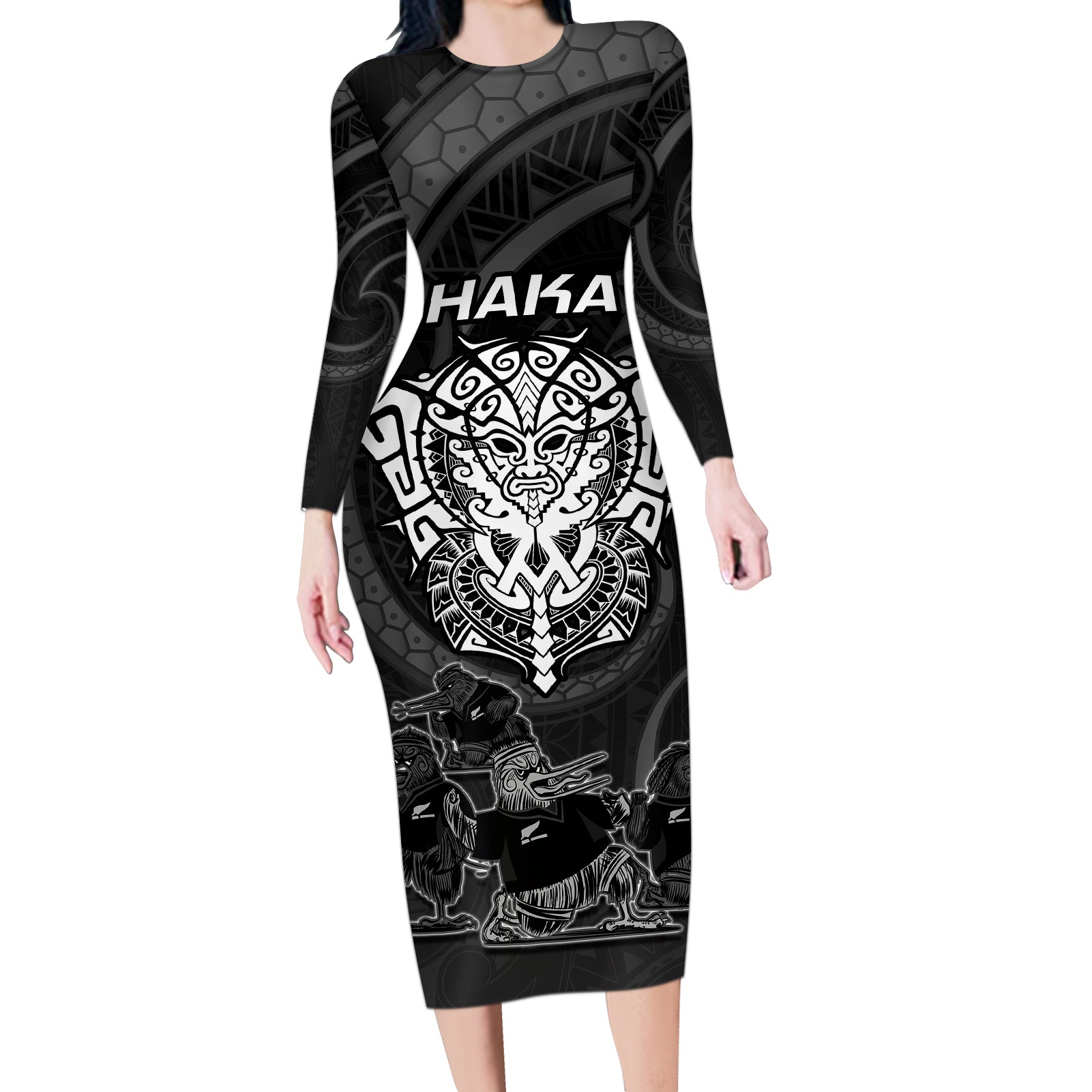 Personalised New Zealand Rugby Long Sleeve Bodycon Dress Aotearoa Ka Mate Haka All Black Mix Ta Moko White Style LT9 Long Dress White - Polynesian Pride