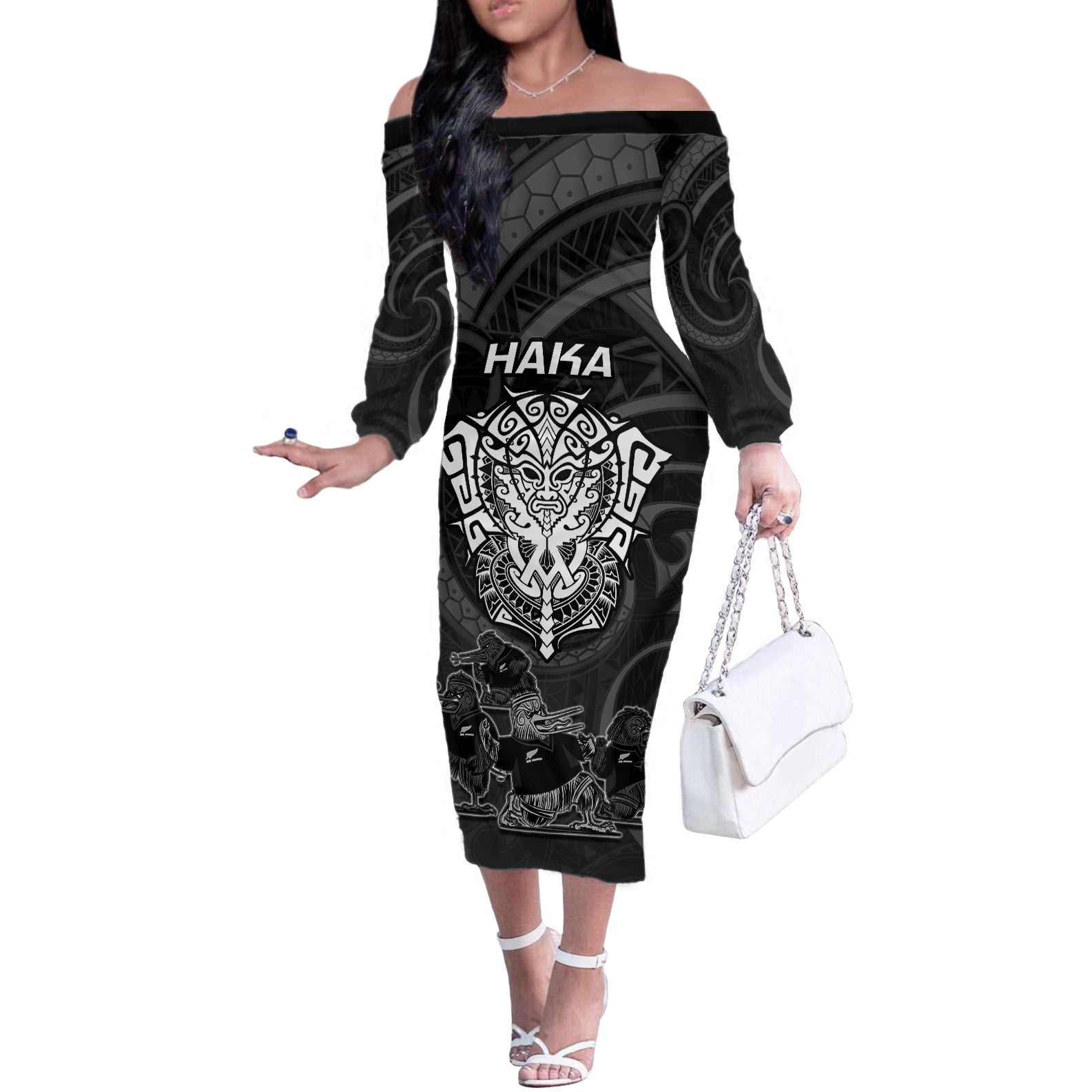 Personalised New Zealand Rugby Off The Shoulder Long Sleeve Dress Aotearoa Ka Mate Haka All Black Mix Ta Moko White Style LT9 Women White - Polynesian Pride