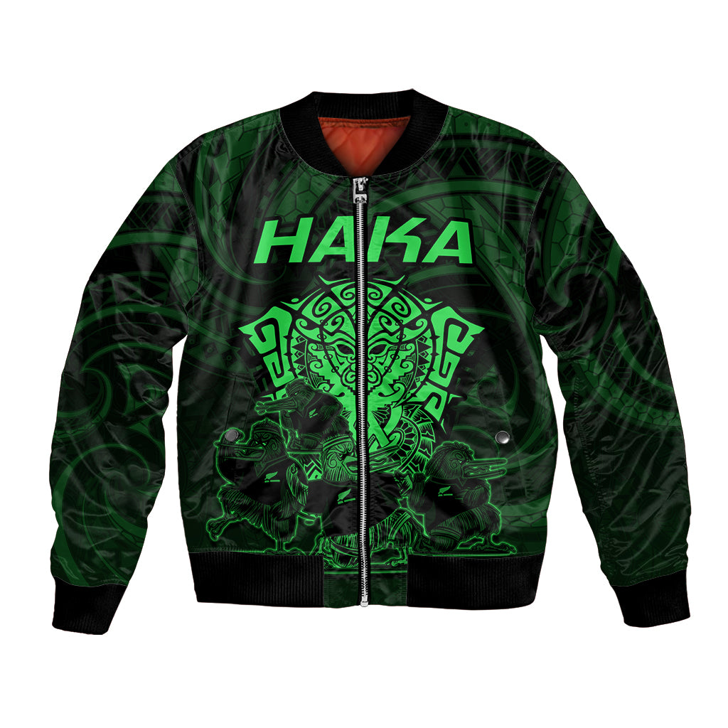 Personalised New Zealand Rugby Bomber Jacket Aotearoa Ka Mate Haka All Black Mix Ta Moko Green Style LT9 Unisex Green - Polynesian Pride