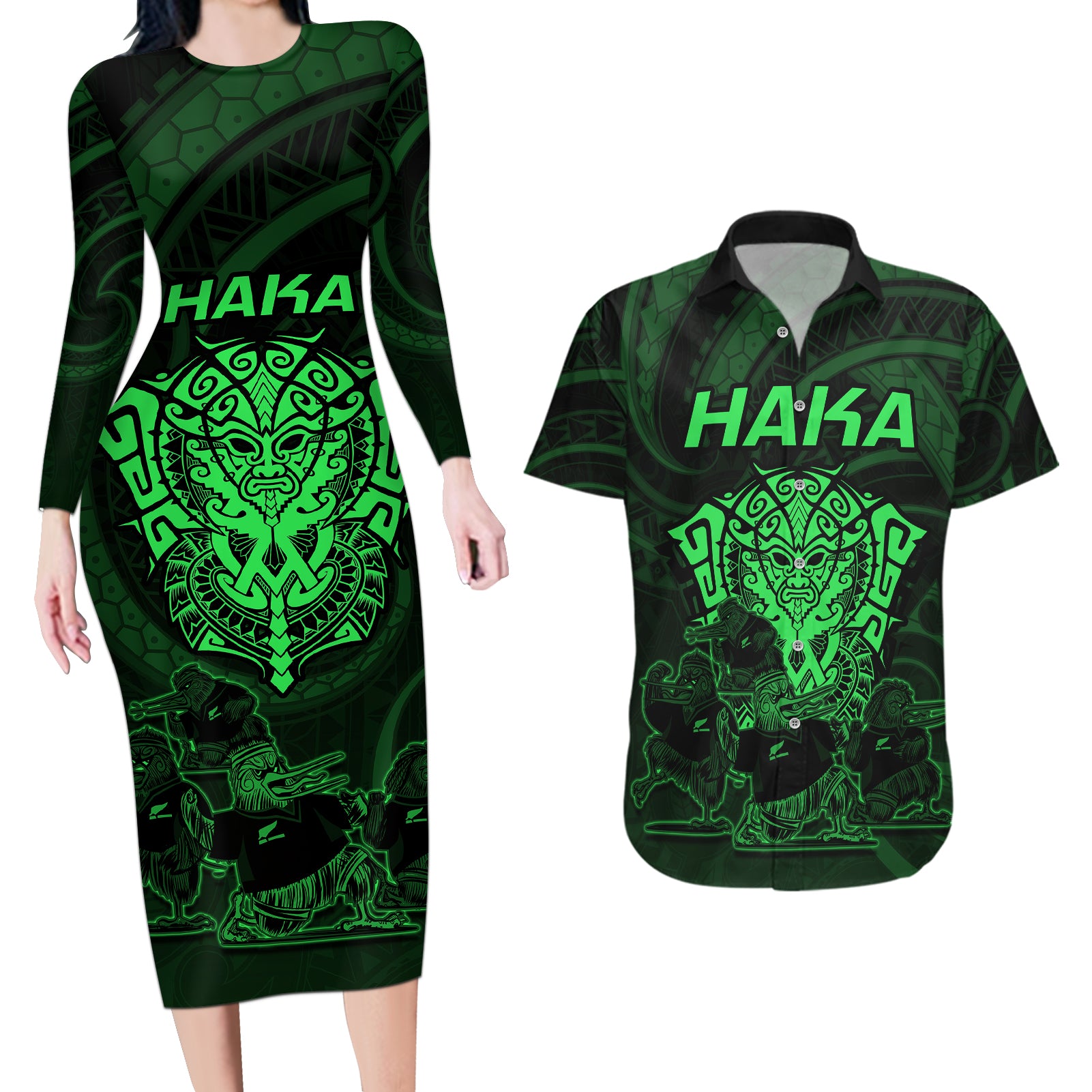 Personalised New Zealand Rugby Couples Matching Long Sleeve Bodycon Dress and Hawaiian Shirt Aotearoa Ka Mate Haka All Black Mix Ta Moko Green Style LT9 Green - Polynesian Pride