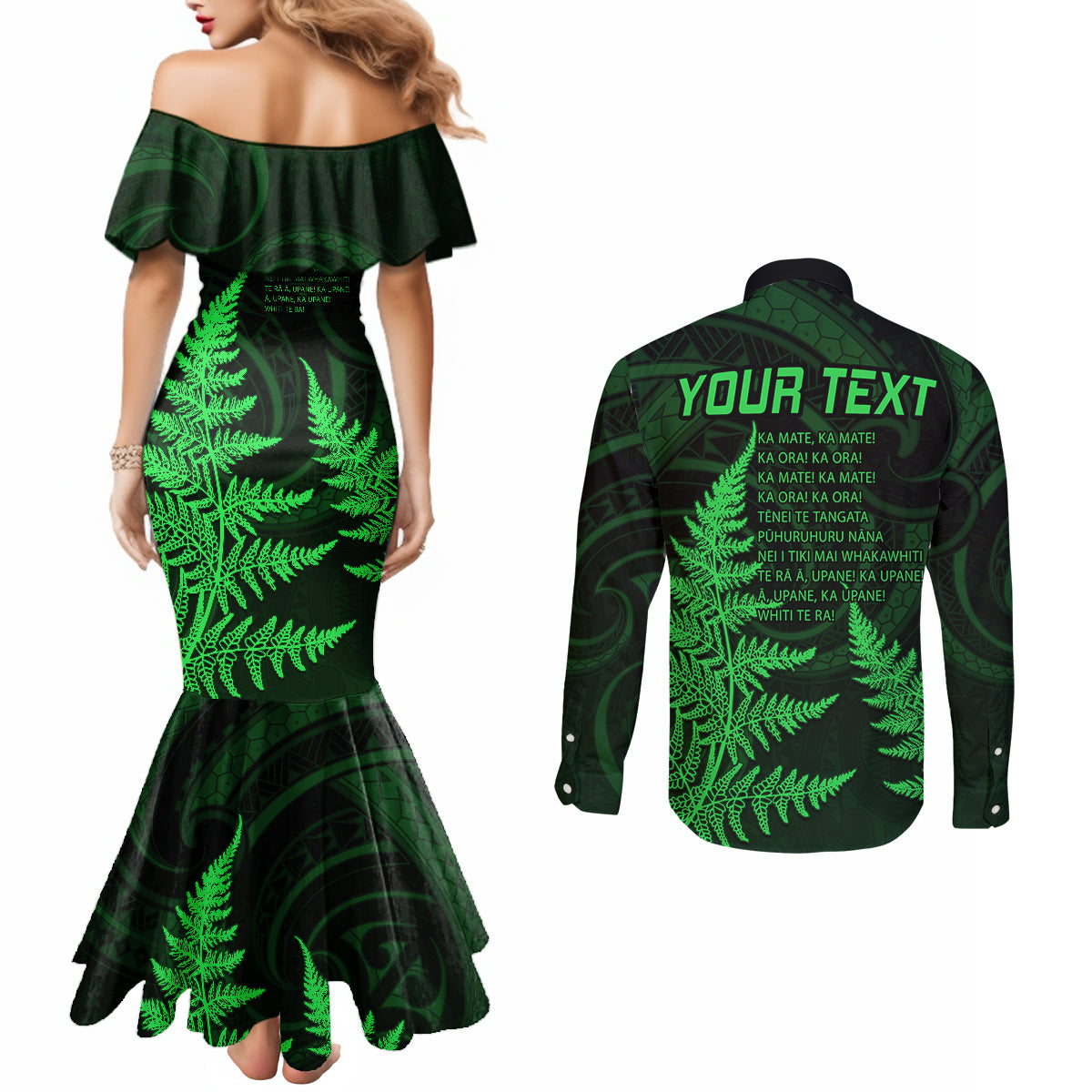 Personalised New Zealand Rugby Couples Matching Mermaid Dress and Long Sleeve Button Shirts Aotearoa Ka Mate Haka All Black Mix Ta Moko Green Style LT9 - Polynesian Pride