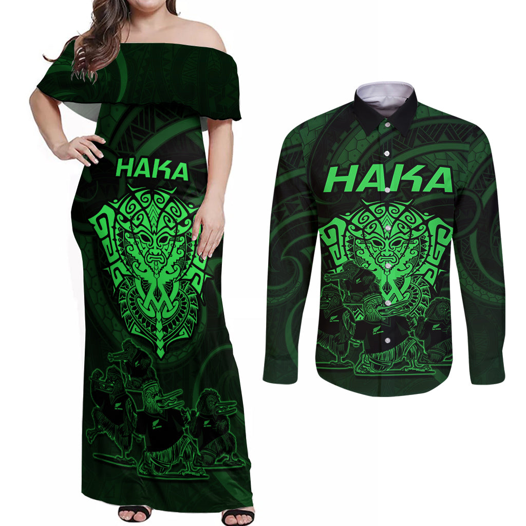 Personalised New Zealand Rugby Couples Matching Off Shoulder Maxi Dress and Long Sleeve Button Shirts Aotearoa Ka Mate Haka All Black Mix Ta Moko Green Style LT9 Green - Polynesian Pride